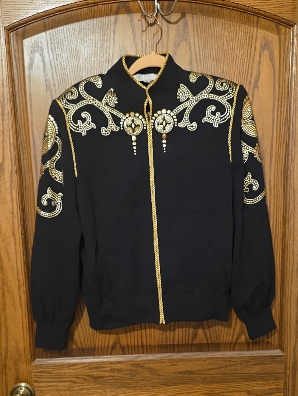 St. John Black and Gold Embellished Zip-Up Sweater